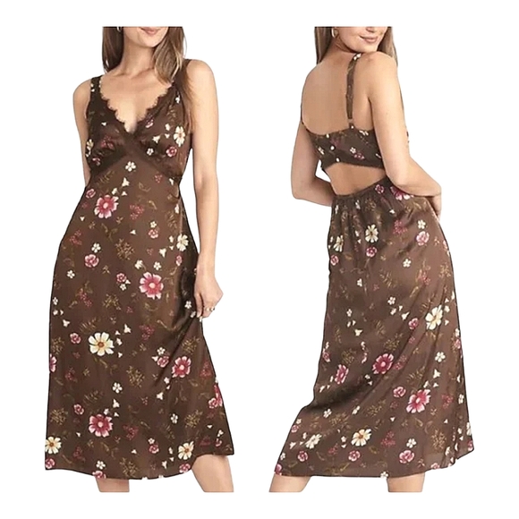 Old Navy Dresses & Skirts - NWT Old Navy , Lace Trimmed Satin Cami Slip Shift Dress Brown Floral SZ L